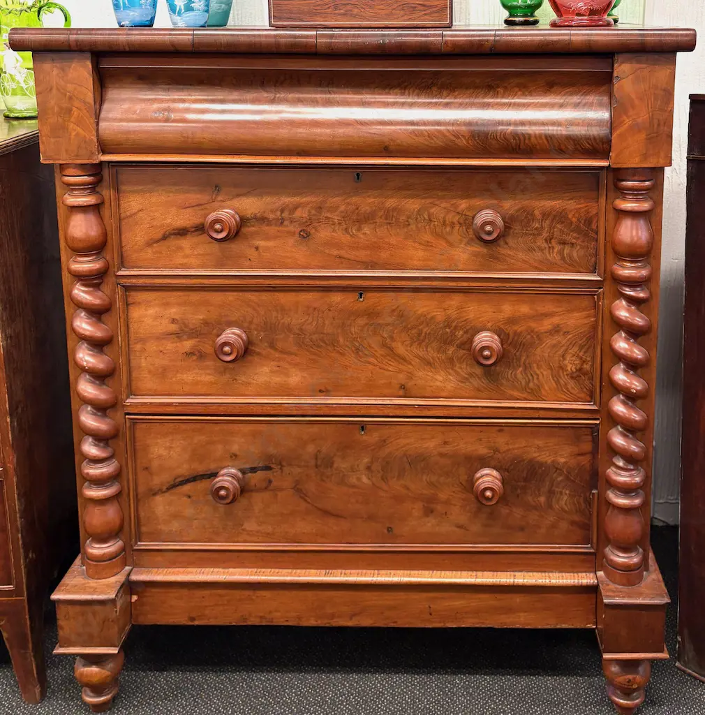 Flame Mahogany Chest with Barley Twist Uprights and Four Graduated Drawers H127xD53cmxW111cm Image 1++