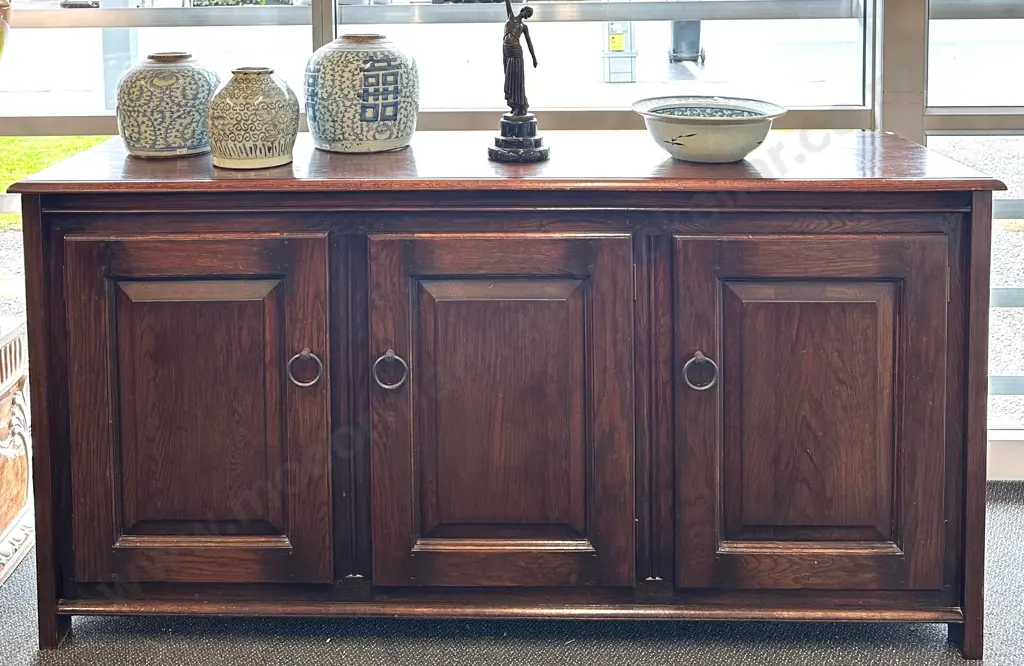 Oak Buffet with Three Panel Doors and Metal Ring Handles, H90x L180xD51cm Image 1++