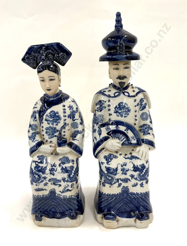 Qing Dynasty Signed Chinese Blue and White Emperor and Empress Figures H35-37cm Image 1++