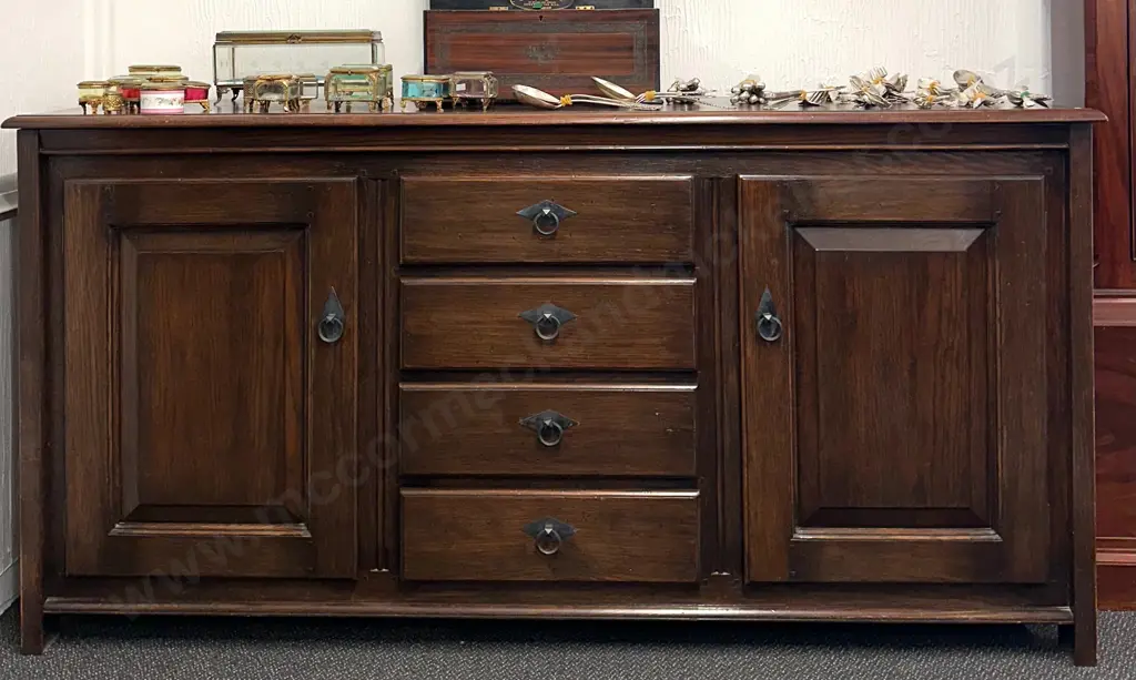 Oak Four Drawer, Two Door Buffet with Metal Ring Handles, H90xL178xD51cm Image 1++