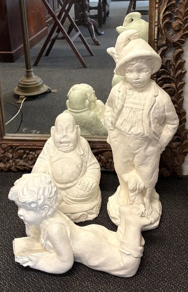 Three Concrete Garden Figures - Buddha, Boy Reading Book, Boy with Puppy Image 1++