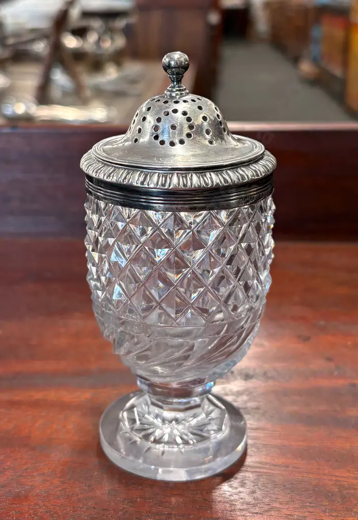 Crystal and Sterling Silver Mounted Sugar Sifter, H14cm Image 1++