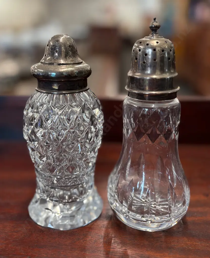 Two Cut Glass Sterling Silver Mounted Sifters H18-17cm Image 1++