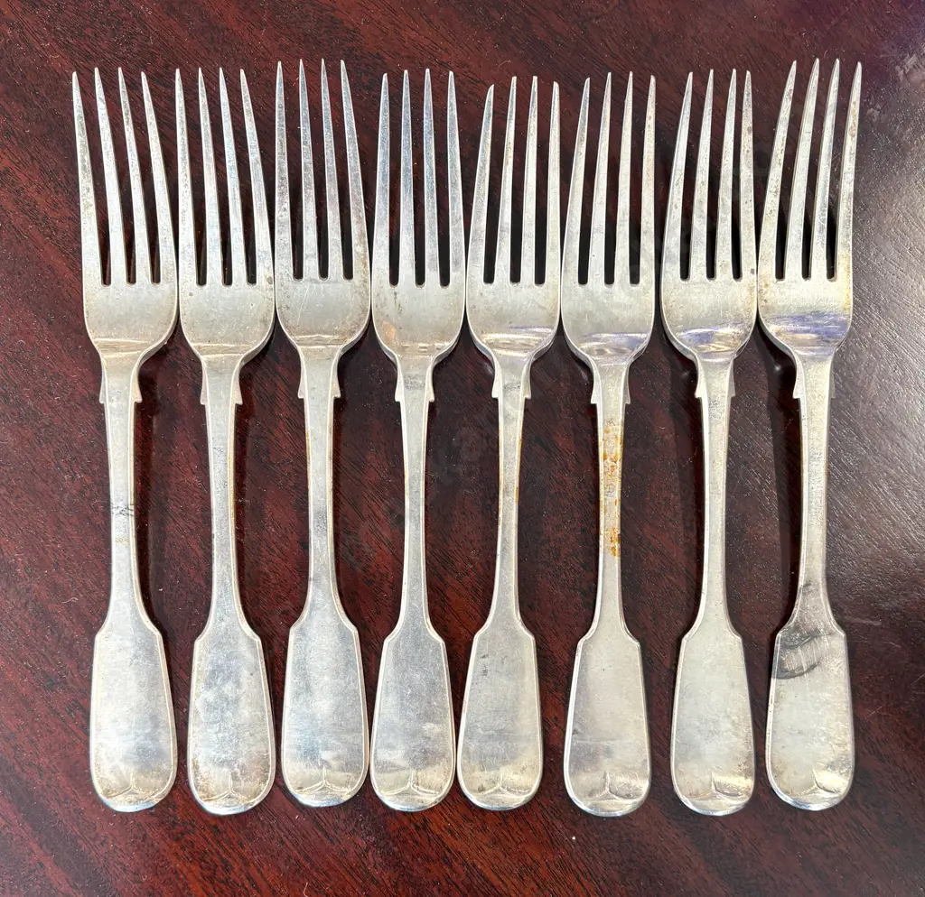 Set of Eight Sterling Silver Fiddleback Pattern Large Forks TW634gms Image 1++