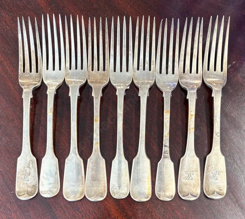 Set of Nine Sterling Silver Fiddleback Pattern Large Forks TW736gms Image 1++