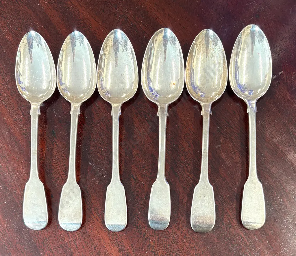 Set of Six Sterling Silver Fiddleback Pattern Spoons TW262gms Image 1++