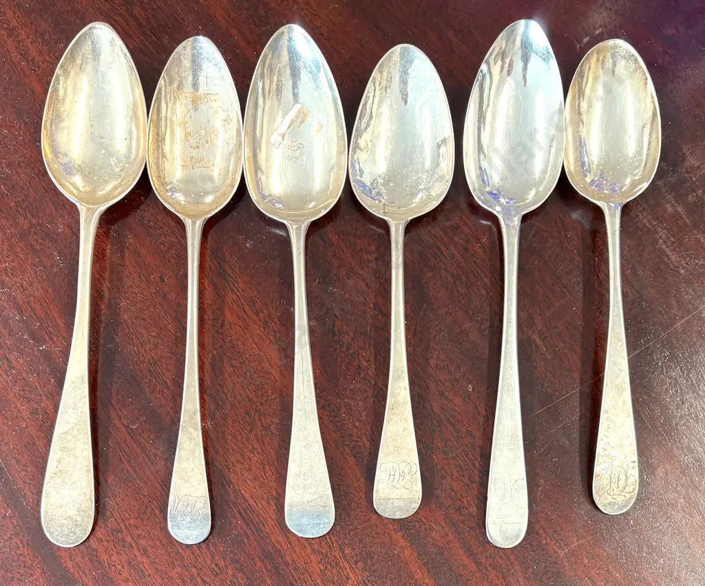 Six Sterling Silver Fiddleback Pattern Large Spoons TW363gms Image 1++