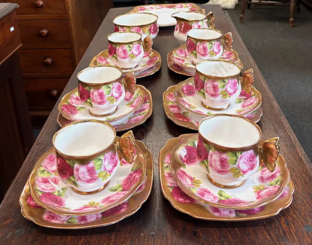 21 piece Royal Albert Old English Rose Butterfly Handle Tea Set - 6x Butterfly Handle Cups, 1x Butterfly Handle Creamer, Image 1++