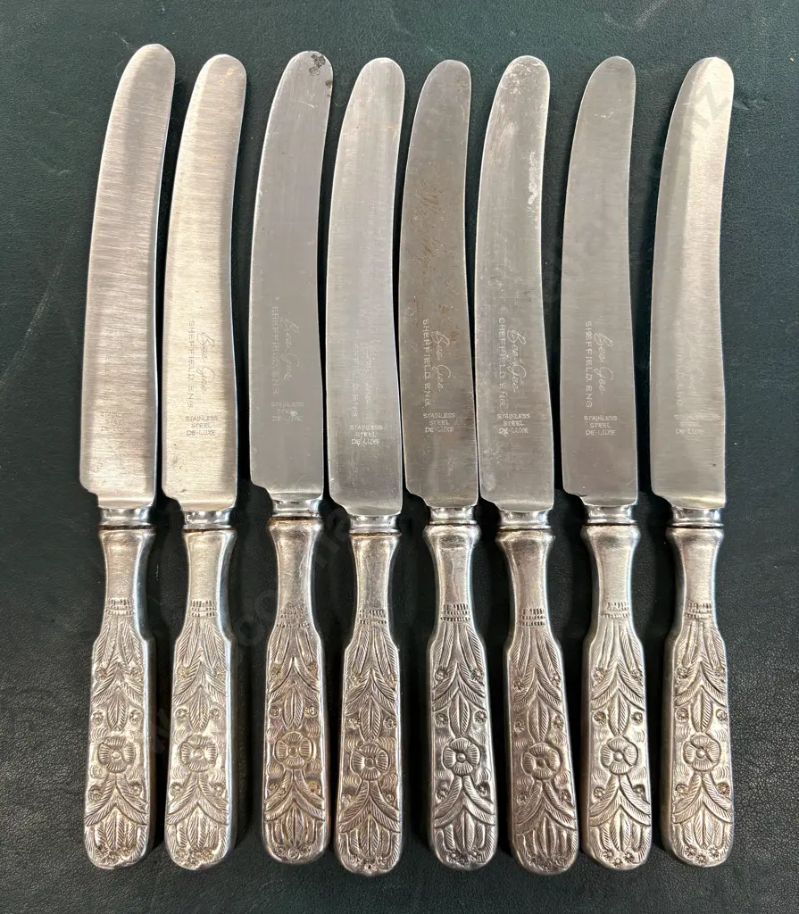 Peruvian Sterling Silver .925 Floral Pattern Set of Eight Large Knives with Stainless Steel Blades TW870gms Image 1++
