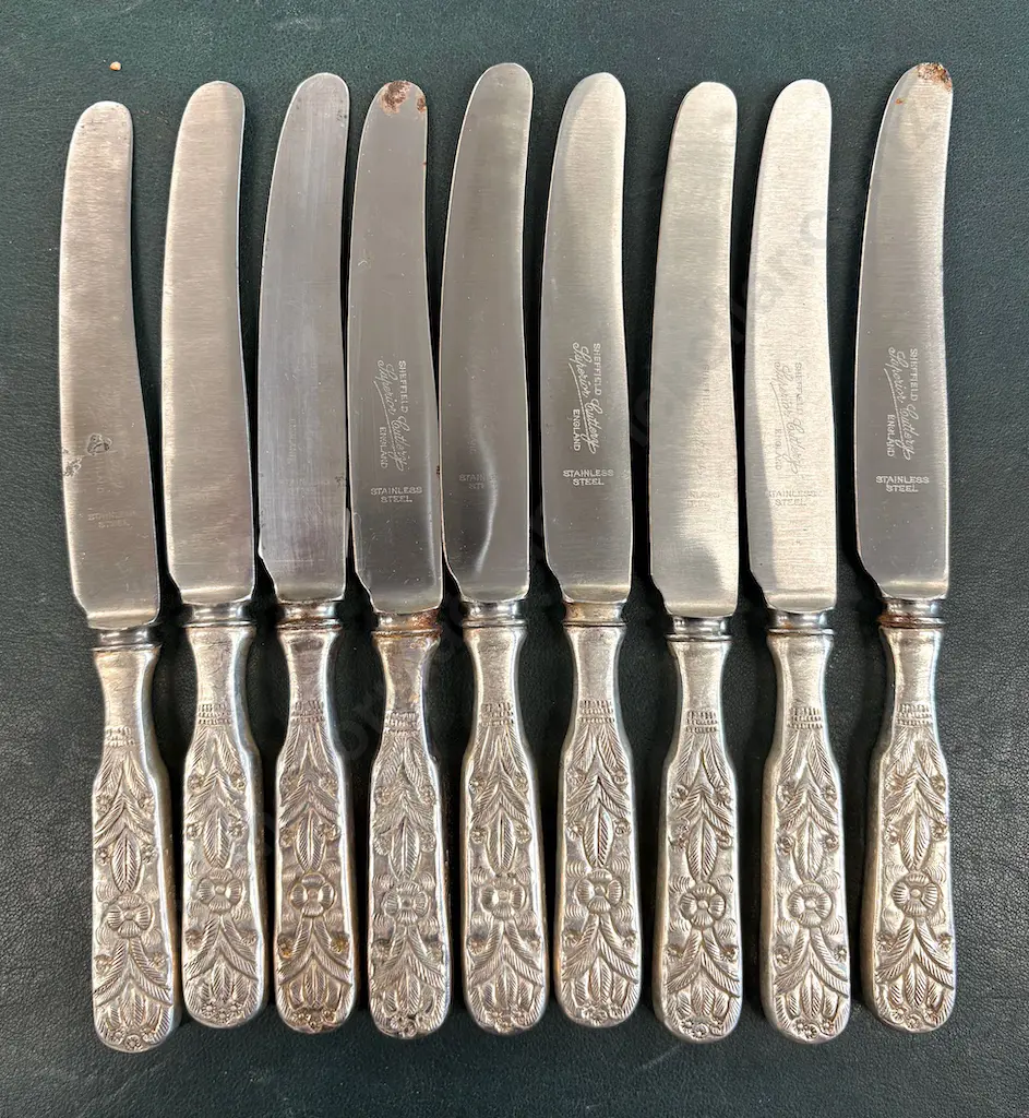 Peruvian Sterling Silver .925 Floral Pattern Set of Nine Small Knives with Stainless Steel Blades TW767gms Image 1++