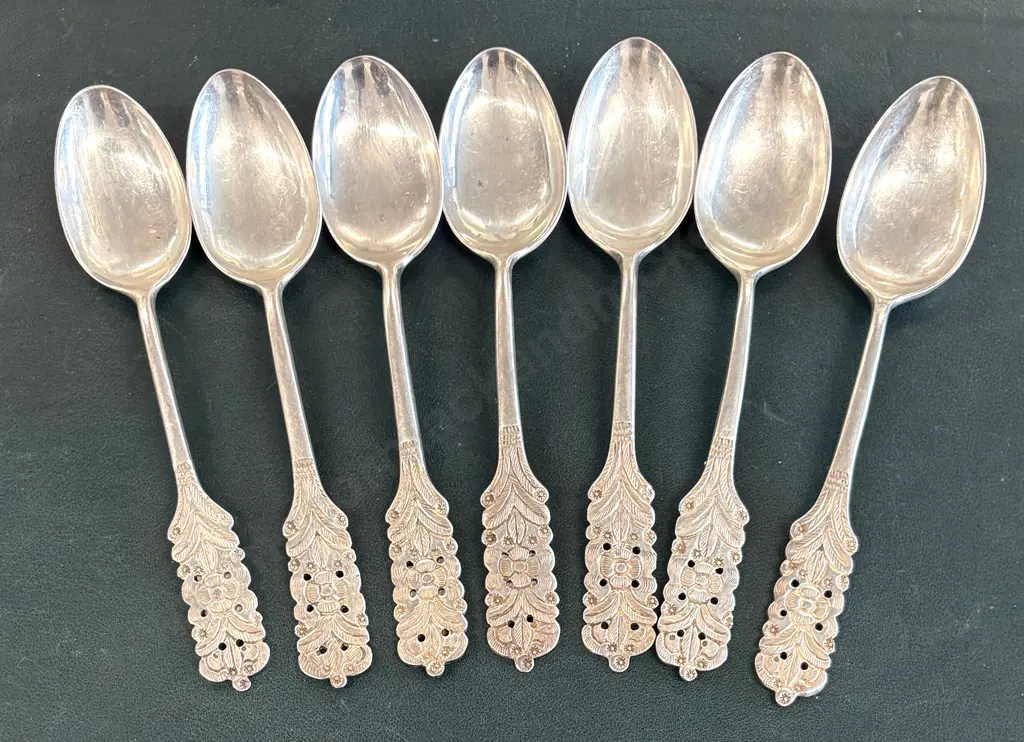 Peruvian Sterling Silver .925 Floral Pattern Set of Seven Spoons TW374gms Image 1++