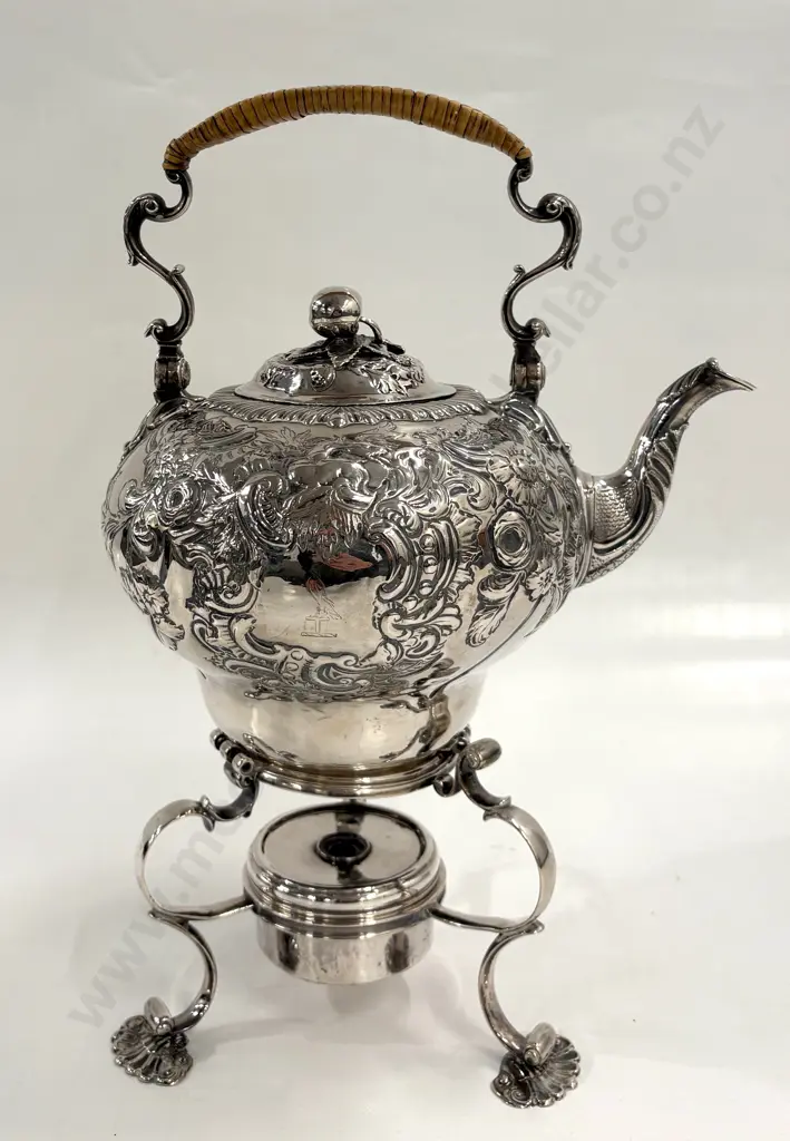 Decorative Embossed Sterling Silver Spirit Kettle with Cane Handle TW1454gms Image 1++