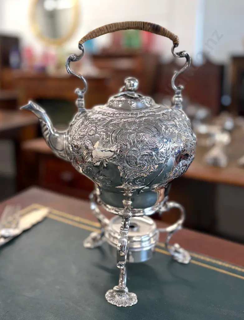 Decorative Embossed Sterling Silver Spirit Kettle with Cane Handle TW1454gms Image 1++