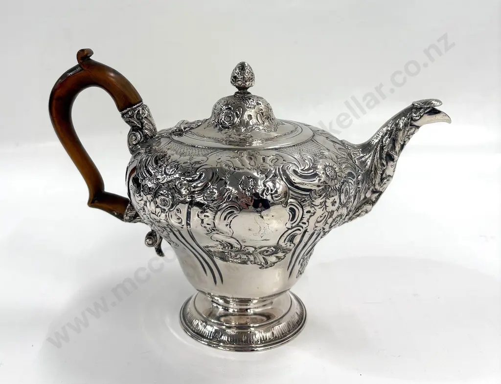 Decorative Embossed Sterling Silver Teapot with Wooden Handle TW606gms Image 1++