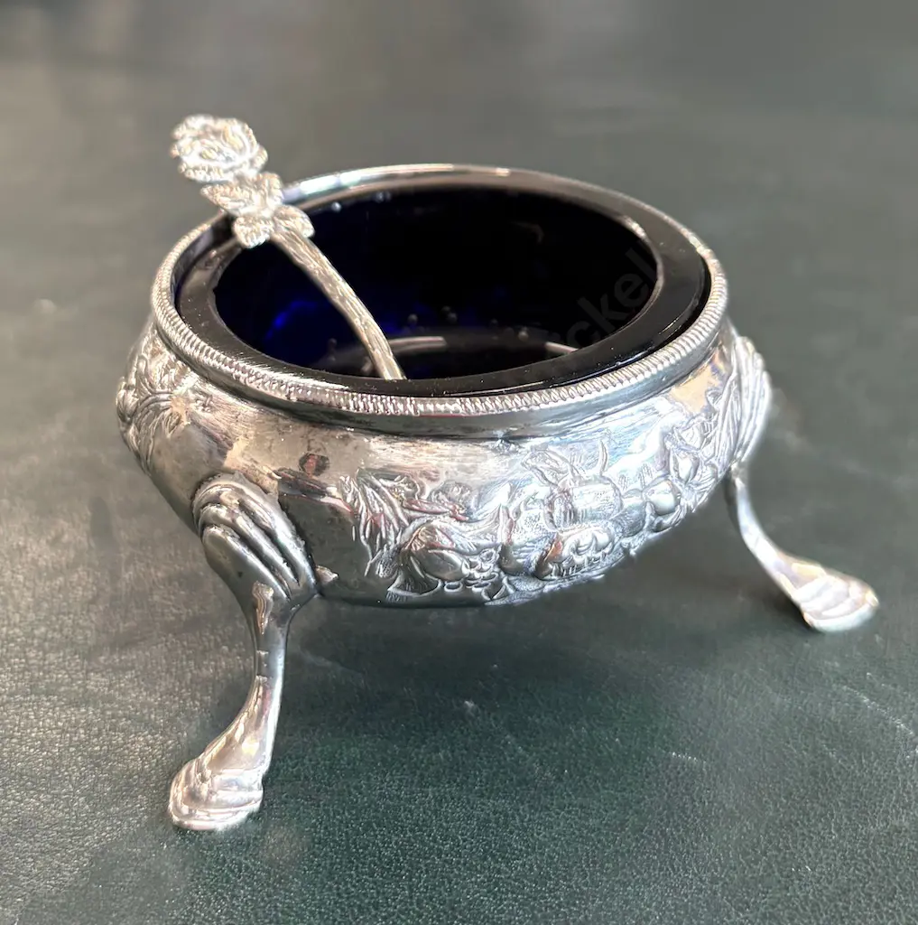 Sterling Silver Footed Mustard Pot with Glass Liner & Spoon TW39gms (weight without liner) Image 1++