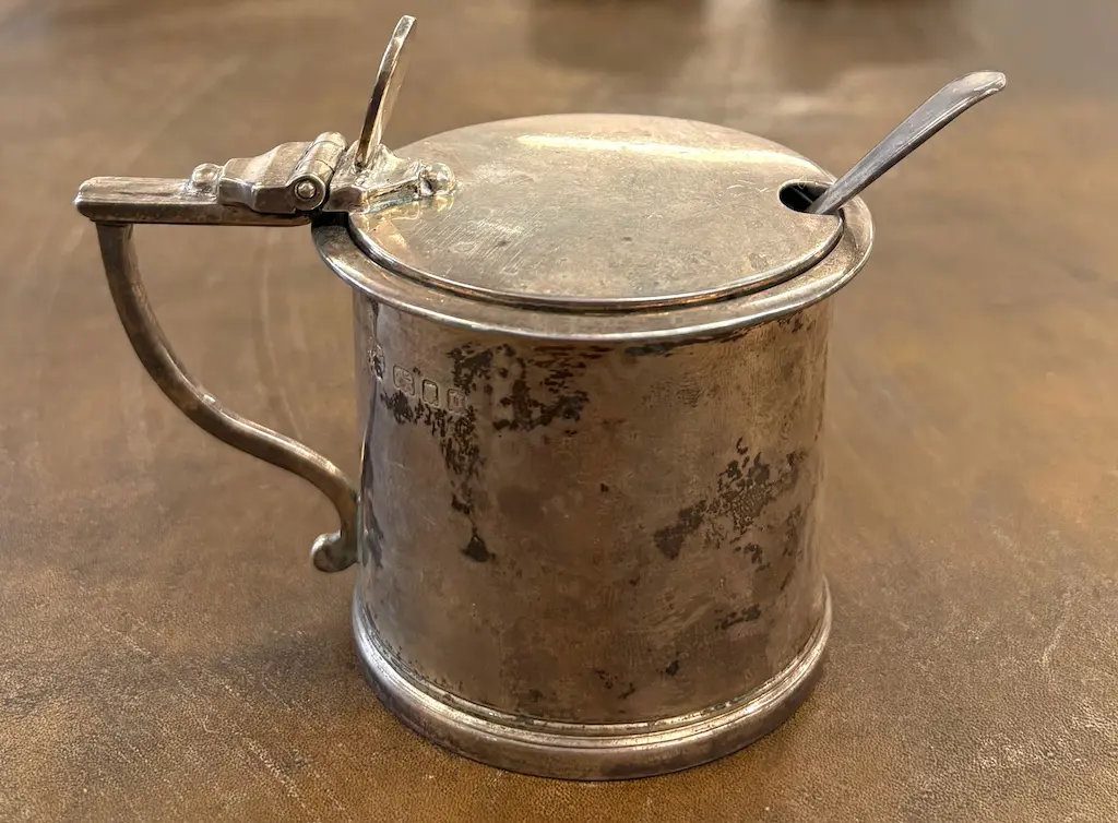 Sterling Silver Lidded Mustard Pot with Sterling Silver Spoon & Blue Glass Liner (weight not incl. liner) TW170gms Image 1++