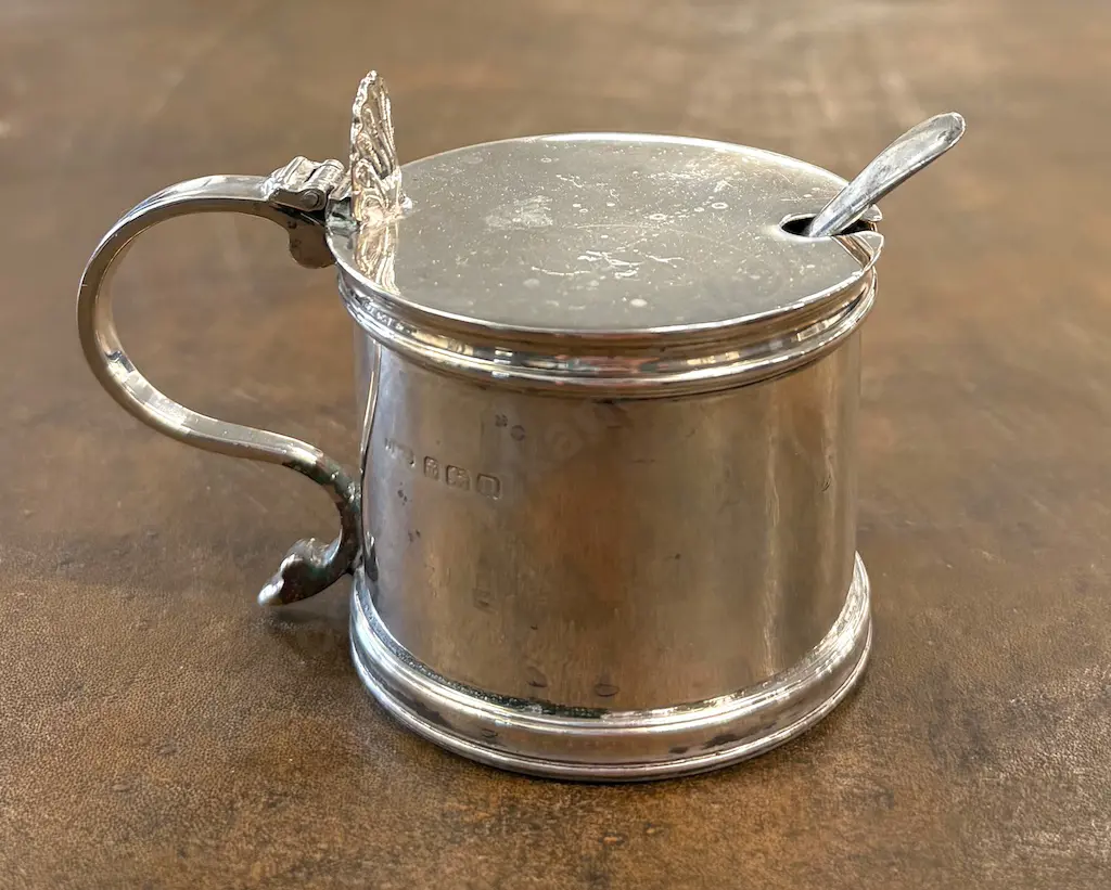 Sterling Silver Lidded Mustard Pot with Sterling Silver Spoon & Blue Glass Liner (weight not incl. liner) TW107gms Image 1++