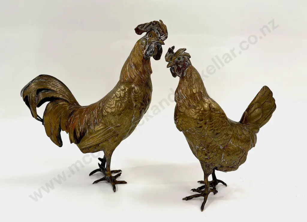 Franz Bergmann Austrian Cold Cast Bronze Cockrel & Standing Hen with Glass Eyes (one eye missing on each) H23cm & 27.5cm Image 1++