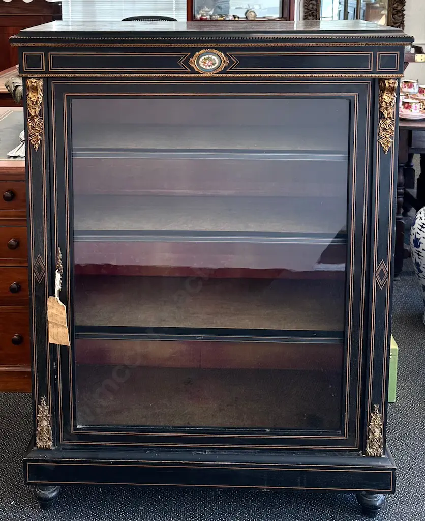 Victorian Ebonised Glazed Door Cupboard with Fruitwood Inlay, three Shelves and Ormolu Mounts H123xD42xL91cm Image 1++