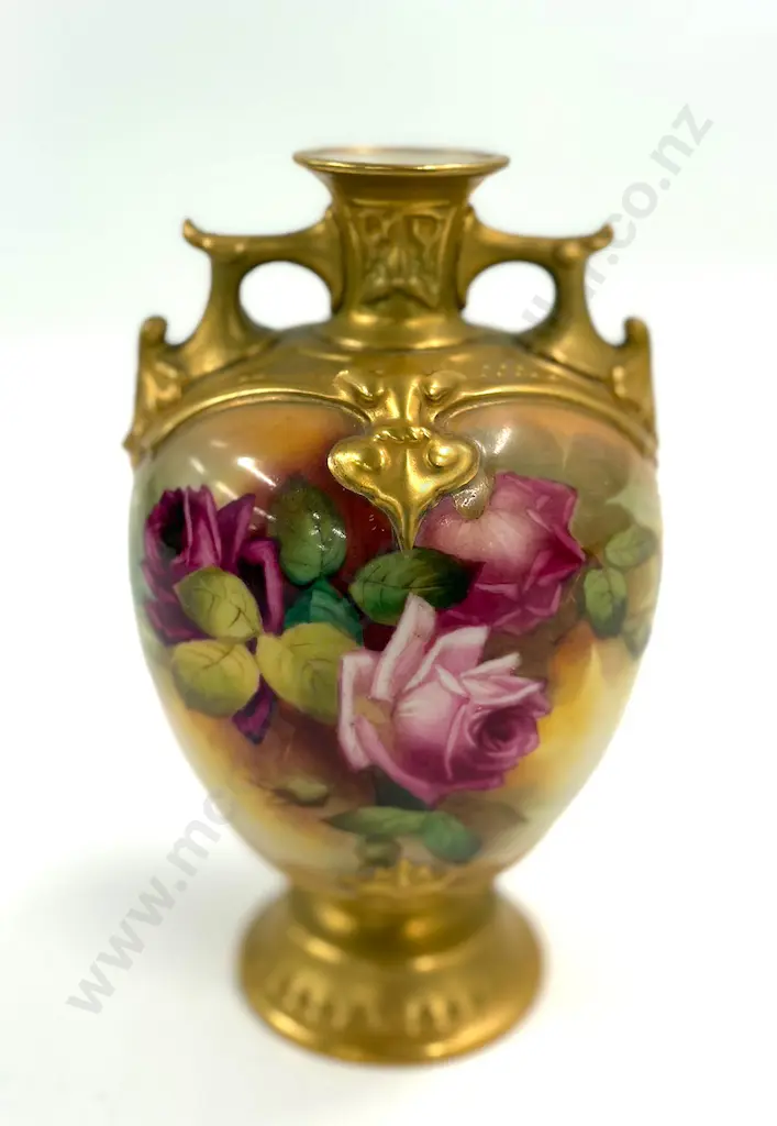 Royal Worcester Gilt and Rose Vase signed F. Harper, H21cm Image 1++