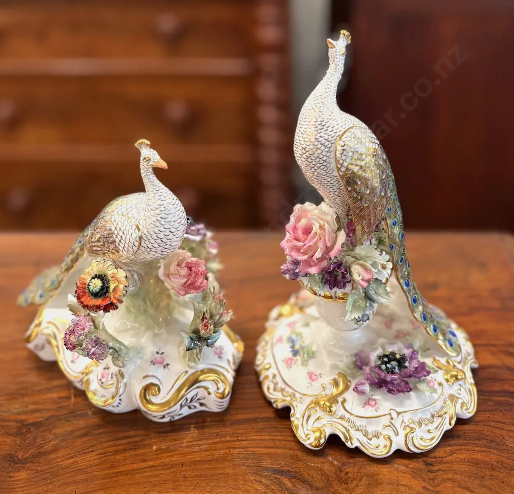 Pair of Boxed Royal Crown Derby Peacocks, Fine Floral & Gilt detail, signed C. Windridge, H18-23cm, one AF Image 1++