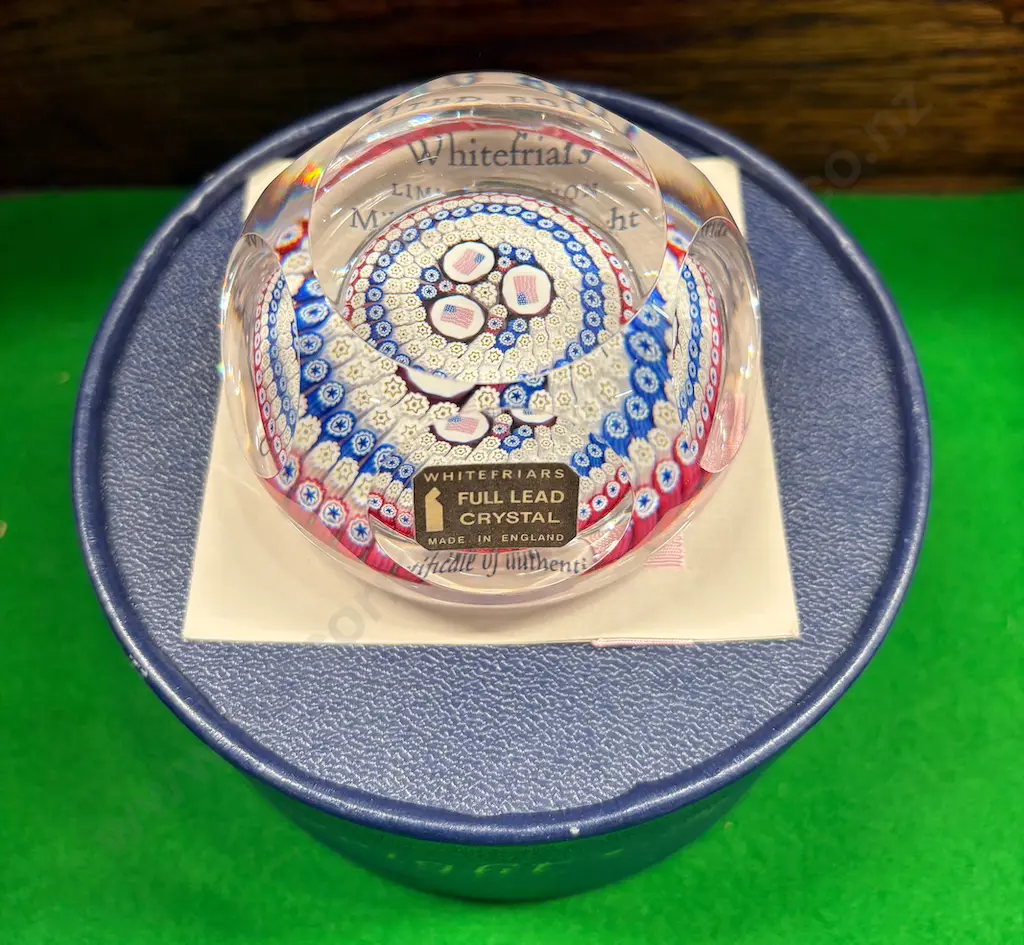 Boxed Whitefriars Lead Crystal Paperweight - Ltd Edition Millefiore 127/500 USA National Flag  Image 1++