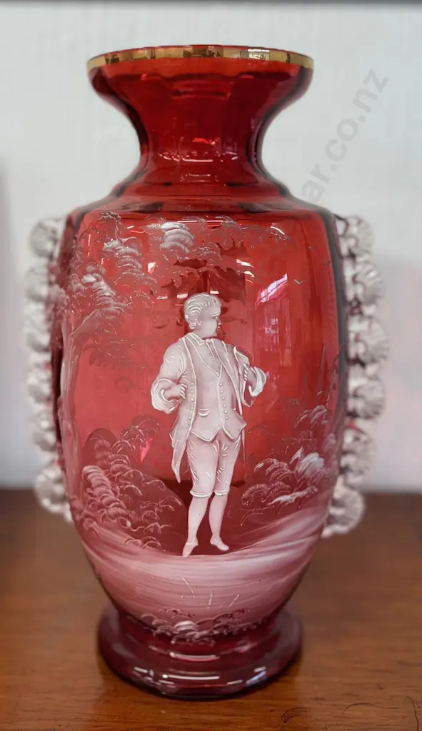 Mary Gregory Cranberry Glass Vase with Applied Floral Glass Detailing to side H33cm Image 1++