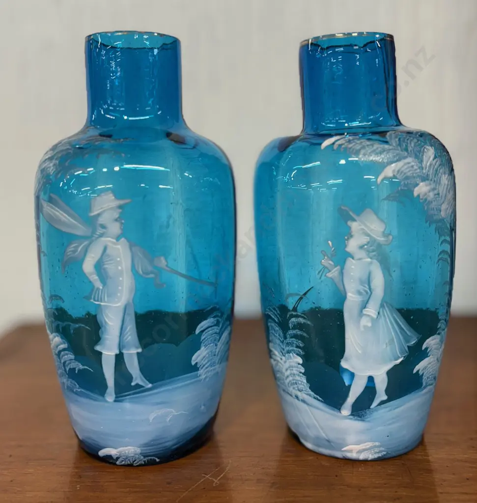 Pair of Mary Gregory Blue Glass Vases H19cm Image 1++
