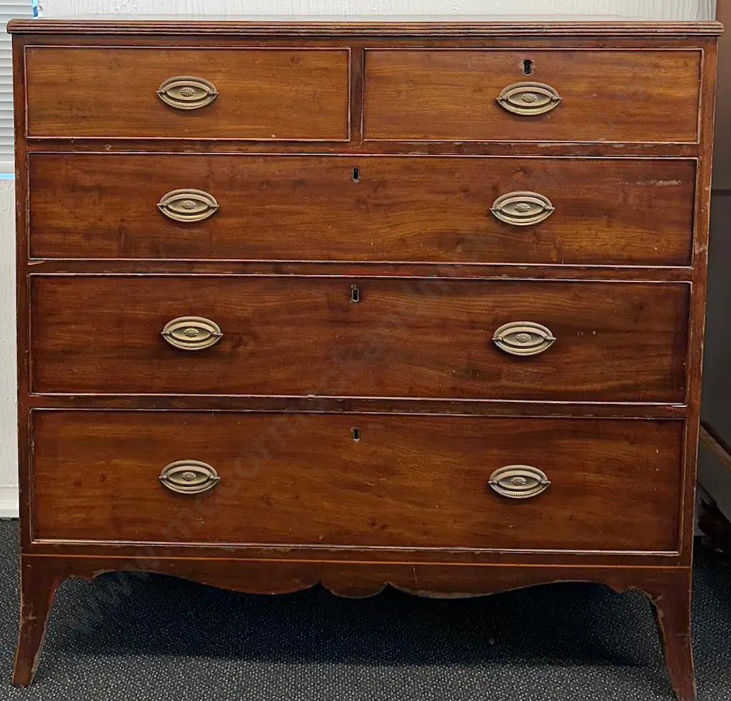 Georgian Mahogany Five Drawer Chest with Brass Pulls H107xD50xW107cm Image 1++