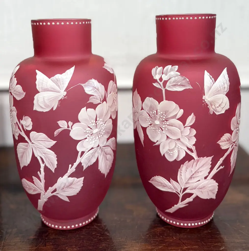 Pair of Pink Frosted Butterfly and Floral Enamel Vases, H23cm Image 1++