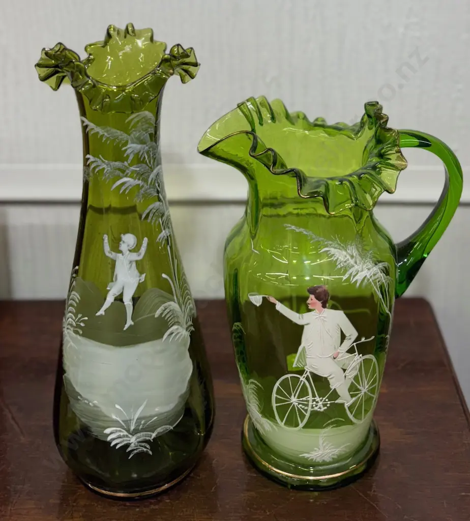 Green Mary Gregory Ruffle Edge Vase and Jug H26-32cm Image 1++