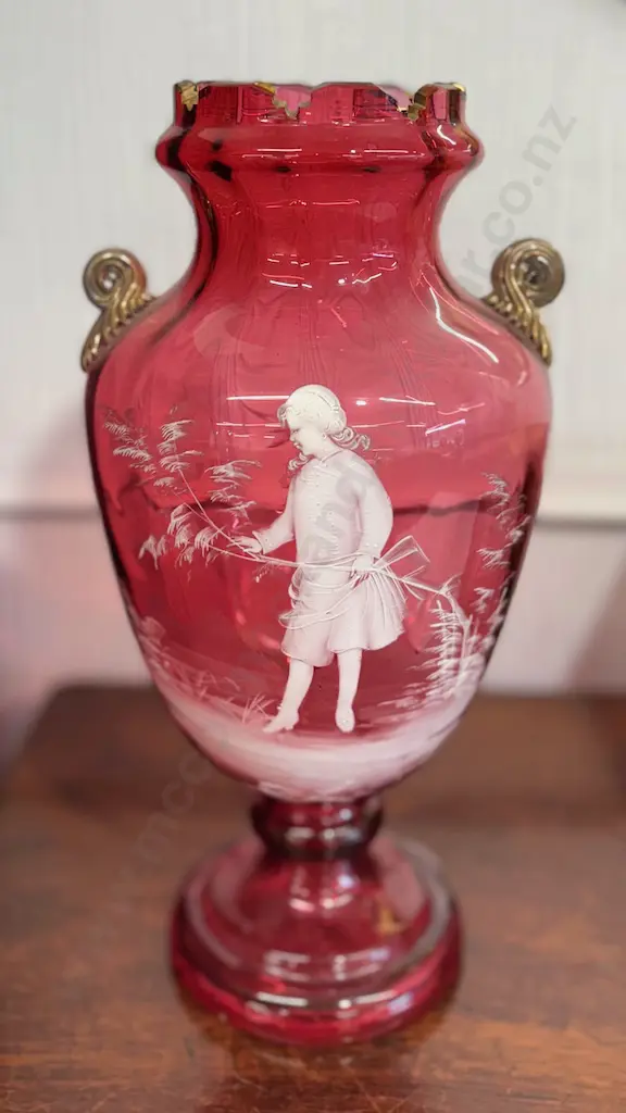 Cranberry Glass Mary Gregory Vase with Ruffle Edge and Gilded Handles H34cm Image 1++