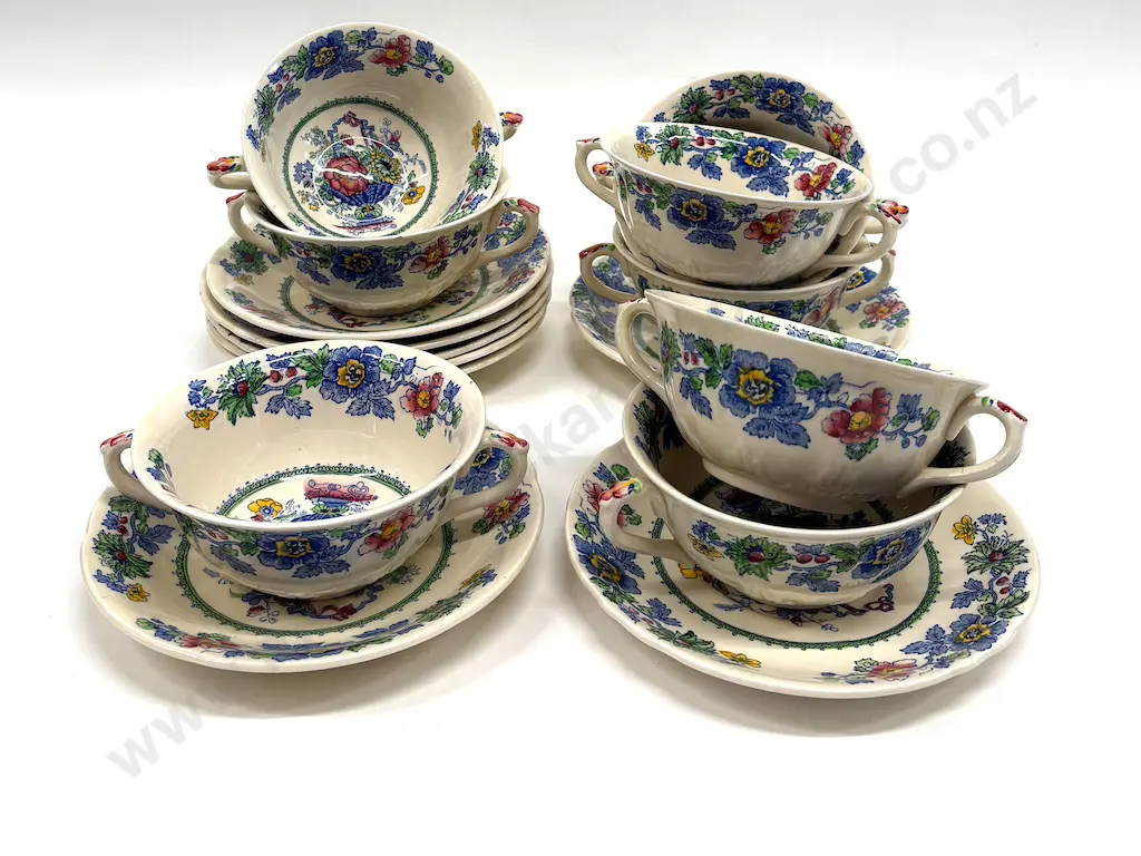 Mason's Strathmore 16 piece Soup Set, 6x Twin Handled Soup Bowls, 6x underplates, AF chip to one bowl Image 1++