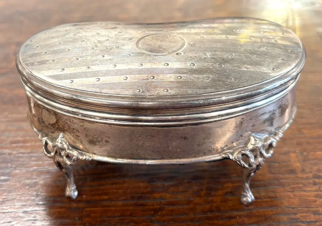 Sterling Silver Kidney Shaped Velvet Lined Footed Trinket Box, L11cm, TW117gms Image 1++
