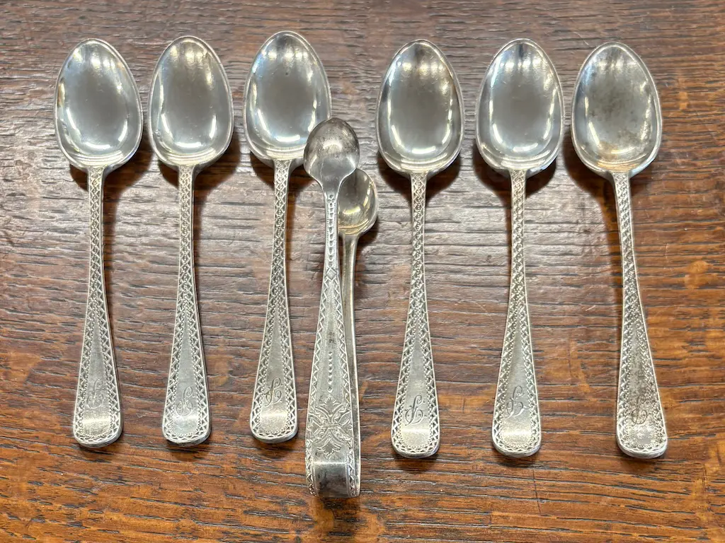 Set of Six Sterling Teaspoons & Sugar Tongs TW108gms Image 1++
