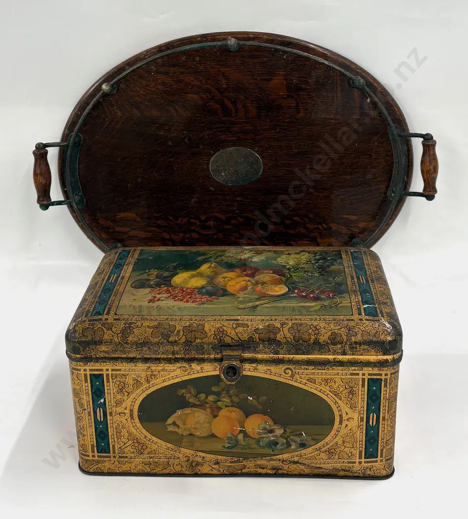 Early Lithographed Fruit Design Biscuit Tin and Oak Oval Tray with Metal Gallery Image 1++