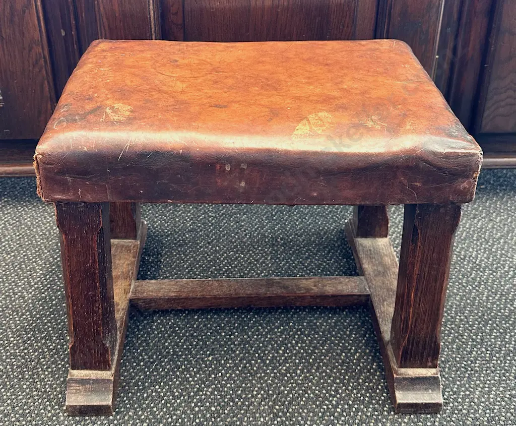 Arts & Crafts Oak Stool with Leather Top H30xW40cm Image 1++