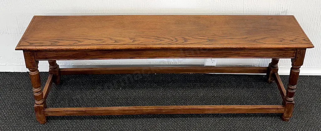 Oak Bench with turned legs and Refectory Base, L152xW30xH54cm Image 1++
