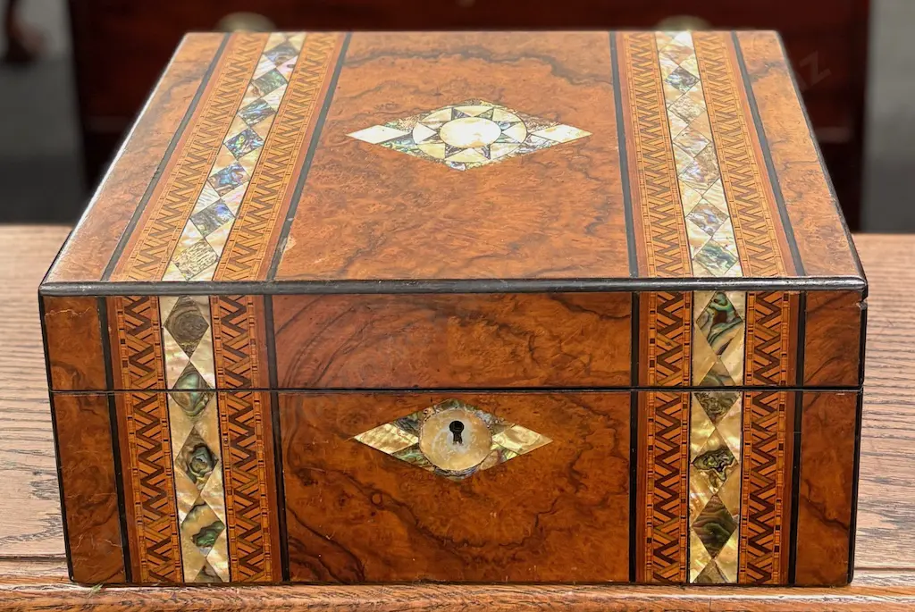 Burr Walnut with Paua, Mother of Pearl and Marquetry Inlay Sewing Box H15W35xD25cm Image 1++