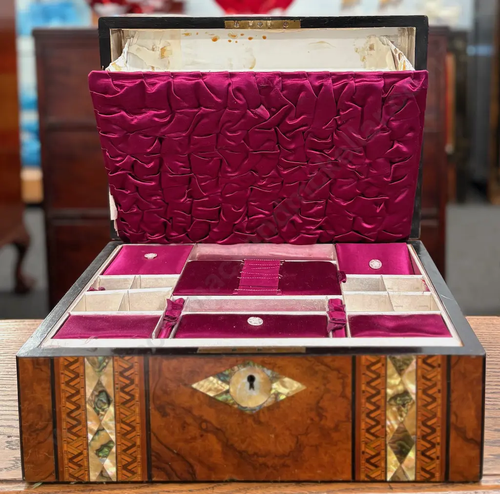 Burr Walnut with Paua, Mother of Pearl and Marquetry Inlay Sewing Box H15W35xD25cm Image 1++