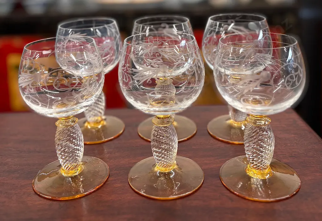Set of Six Theresienthal Pieroth Wine Glasses, etched with swirl stems H14cm  Image 1++