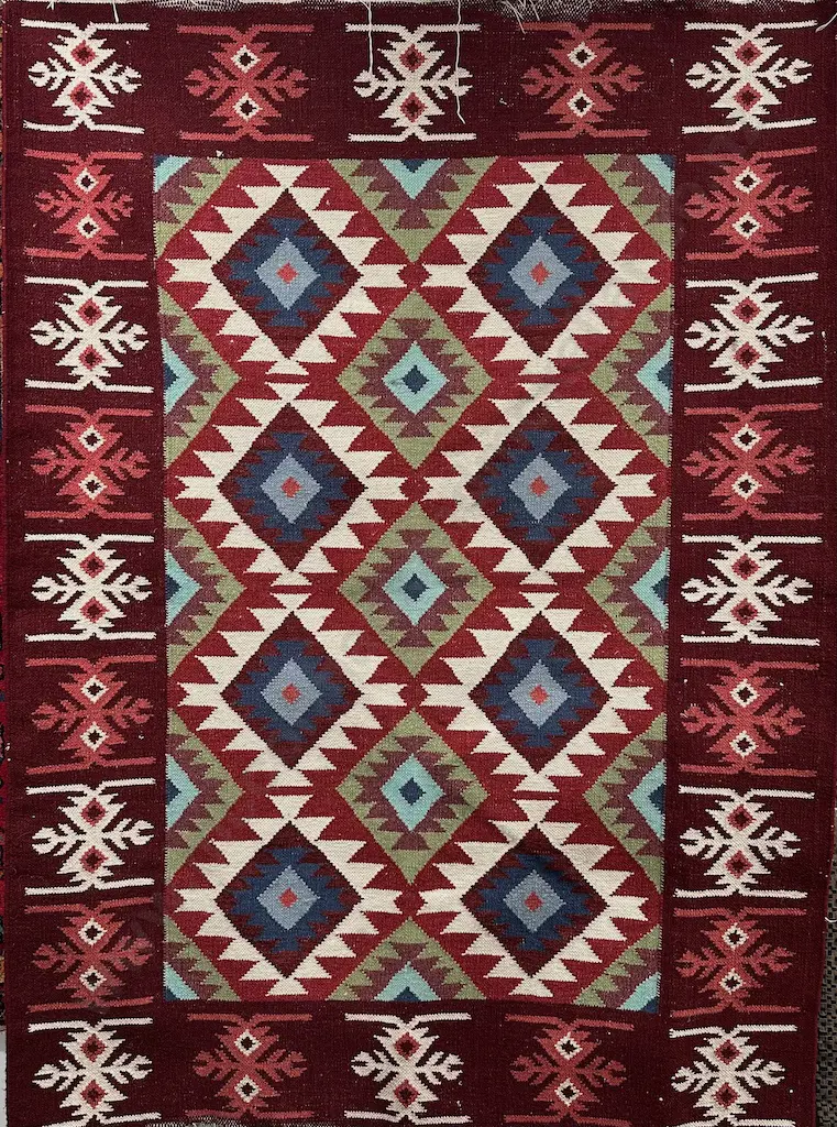 Kilim Rug in Burgandy, Green and Blue Tones L180x130cm Image 1++