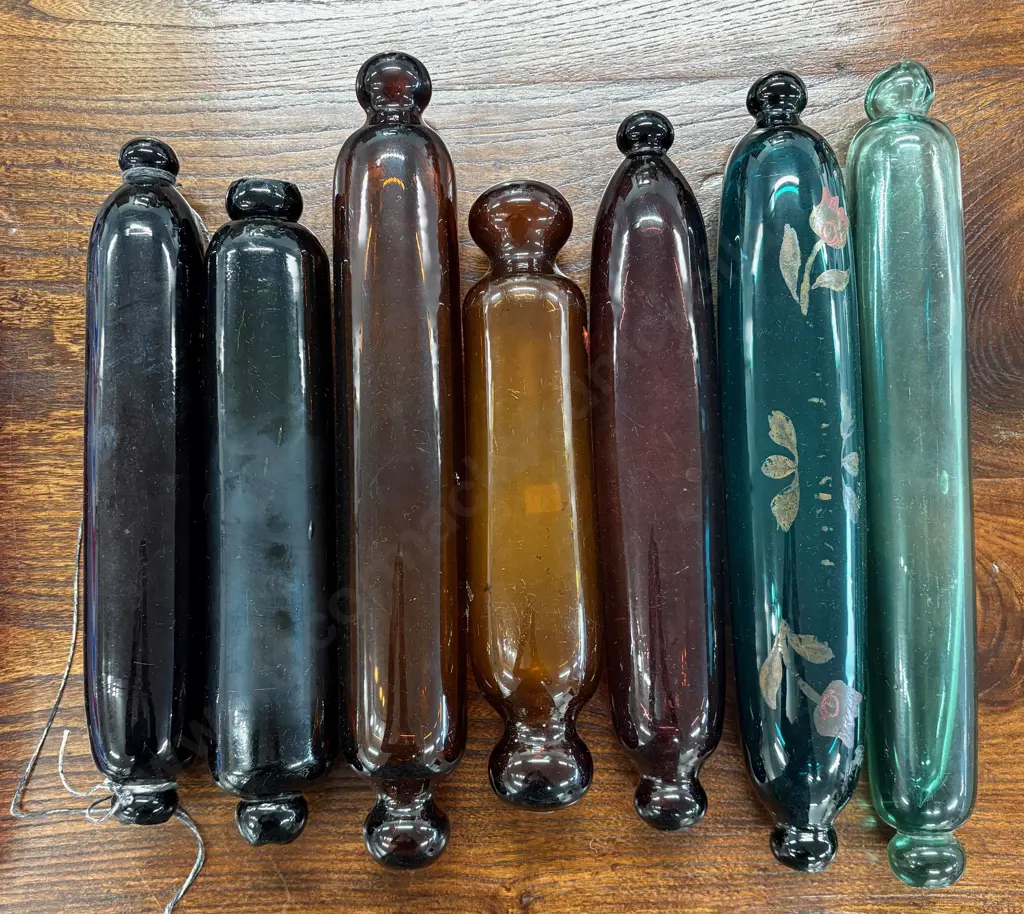Seven Green, Black and Amber Glass Rolling Pins L28-37cm Image 1++