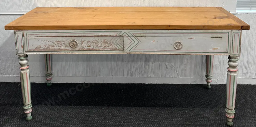 French Side Table with 2 drawers with hand painted base and reeded legs, L177xW60xH80cm Image 1++