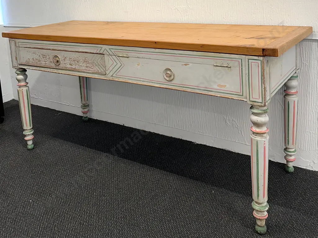 French Side Table with 2 drawers with hand painted base and reeded legs, L177xW60xH80cm Image 1++