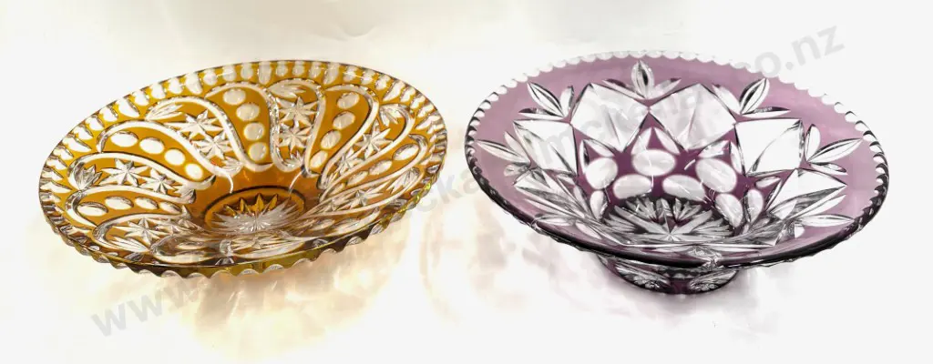 Bohemian Glass Bowls (2) - Amber and Amethyst, Dia21.5cm Image 1++