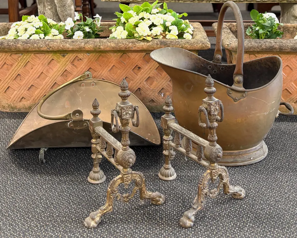 Brass Coal Scuttle, Heavy Fire Dogs and Footed Log Holder Image 1++