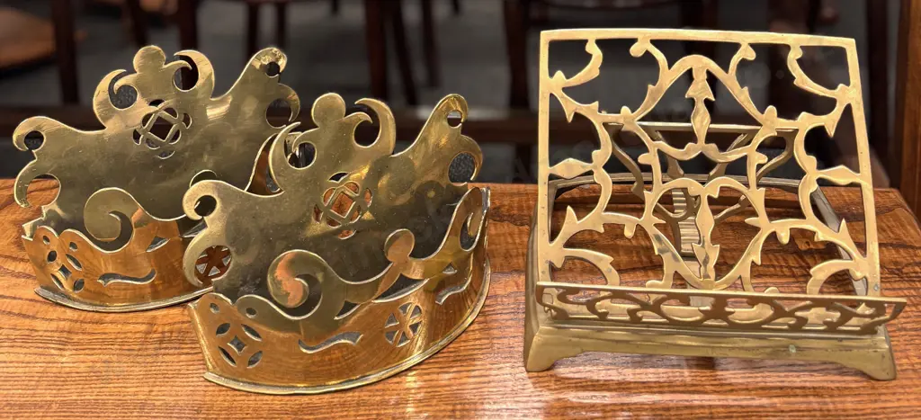 Ornate Brass Book Stand and Pair of Brass Wall Pockets Image 1++