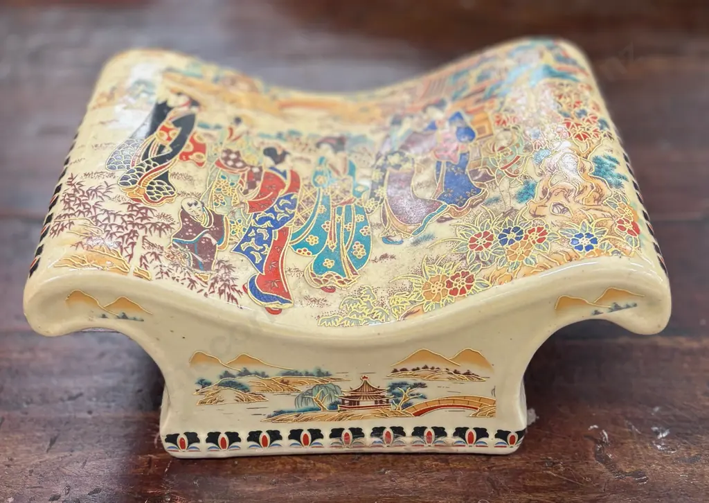Japanese Porcelain Headrest depicting Japanese Women in Kimono's H11xW22cm Image 1++