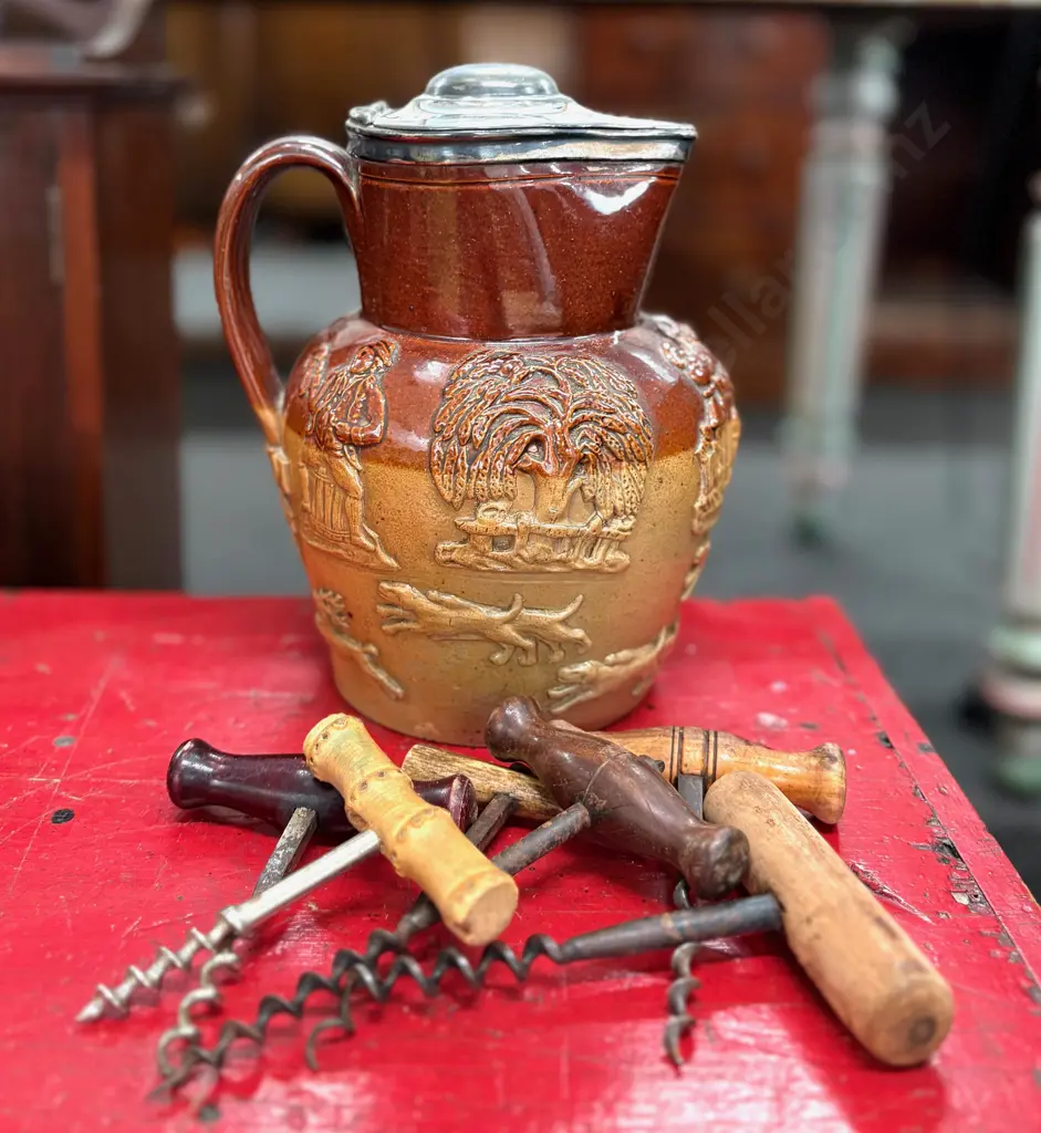 Stoneware Stag Hunt Jug with Silver Lid, Collection of Corkscrews & Bone Handled Knife H20cm Image 1++